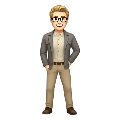 Joyful Pale skinned Fit Man With dark brown hair in gray jacket, beige office shirt, Brown pants and vintage glasses. His thrumbs up sticker