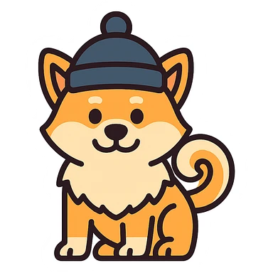 Akita Inu with a curled tail and a hat on its head, keep the current style, transparent background. sticker