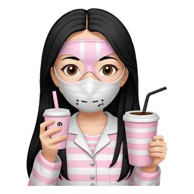 chica de pelo lacio color negro cabellera larga piyama blanca con rayas rosa claras peo no tan claras no oscuras el bordado es negro al igual que los botones )tiene una mascarilla para la carablanca y sostiene y cafe con bolitas nedras al dondo con unsorbete tranparente y es de test blanca  sticker