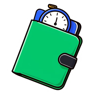 black wallet with a small clock hovering above it sticker