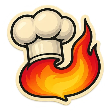 chef's hat pumping with a trail of fire emoji, playful, flame red gradient, hat is white, vibrant, flame matching style reference file sticker
