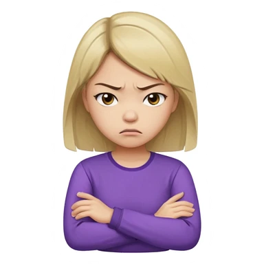 Angry Pouty girl with small asian eyes folding arms in a purple longsleeve shirt she has fair skin and medium length brown hair with blonde sticker