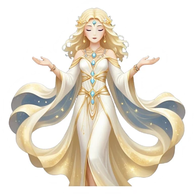 fullbody universe goddess Sophia, Ethereal Light Being, Made of starlight and fractals, Glowing white/gold skin with flowing translucent robes, Hair like galaxy mist, Jewelry made of stars and crystals sticker