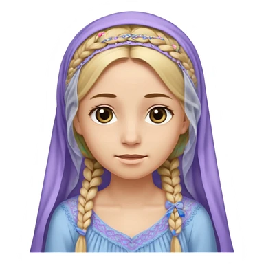 
mujer, Joven, de aspecto dulce y elegante.
Piel clara, ojos grandes y expresivos, sonrisa triste.
Rubio o castaño claro, largo, con trenzas o velo.
Vestido largo cubriendole los zapatos, çde tonos suaves (blanco, azul o lavanda), con bordados dorados; toca fina cubriendo la cabeza. sticker