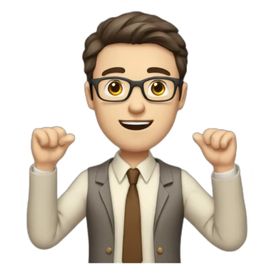 To belt Actively gesturing with hands Pale skinned fit man with dark brown hair in gray jacket, beige office shirt, brown tie, brown pants and vintage glasses. sticker