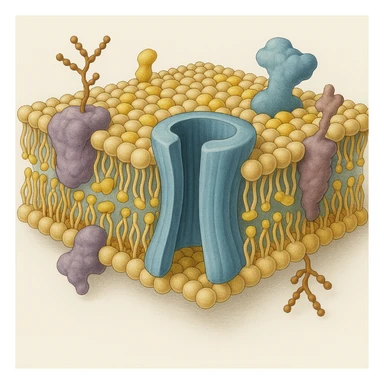 3D cross-section of a biomembrane, detailed phospholipid bilayer, integral and peripheral proteins, cholesterol, glycoproteins, large channel protein passing through the membrane, scientific illustration style sticker
