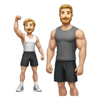 Full height Actively gesturing with hands Pale skinned Fit Man With the biceps and brown hair in dark gray Sleeveless Mike, black oversize sports shorts, watch and white Sneakers sticker