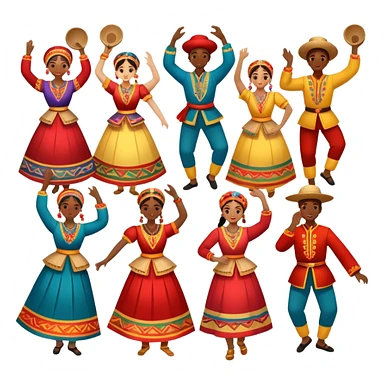 Icon for Folk Dance: a group of men and women 4-5 persons in vibrant national costumes, performing a traditional dance. Some dancers hold castanets and tambourines, capturing the energy and cultural heritage of folk dance. Transparent background. sticker