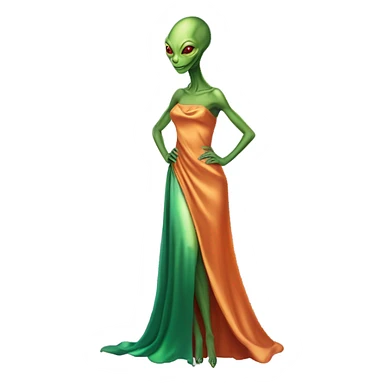 reptilian green alien woman, in long slim pastel orange formal party satin dress with gradient shiny sparkling dark red, full figure, full body sticker