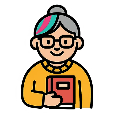 Gen Z style librarian granny with colorful hair streaks, trendy glasses, oversized sweater, holding a book, color outline icon sticker