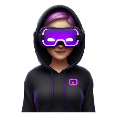Russian girl wearing black hoody with violet letters "OMG", in vr headset oculus quest2. No eyes on headset. Cyberpunk style. Violet neon. sticker