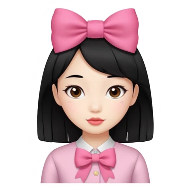 Asian girl with straight black hair and coquette bow on hair sticker