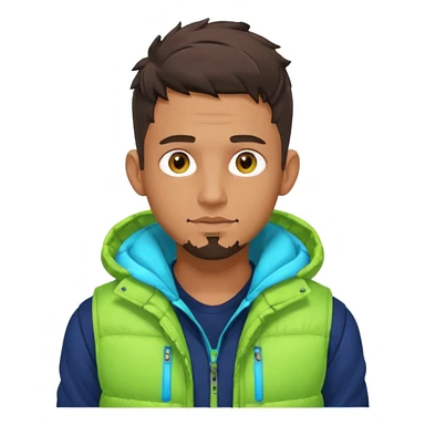 Cyberpunk street adult, hispanic, male, messy undercut, puffer vest over hoodie, glowing earpiece, light stubble, brown eyes, neon reflections, headshot sticker