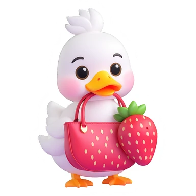 chibi white duck with a strawberry-shaped shoulder bag, pastel 3D style, big shiny eyes, soft lighting, kawaii aesthetic sticker