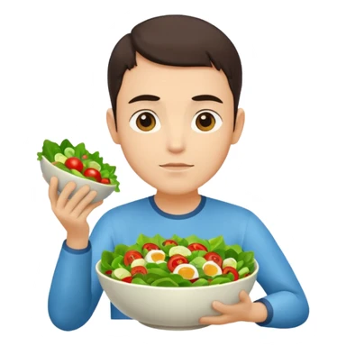 Same avatar, thinking expression, holding a bowl of salad. sticker