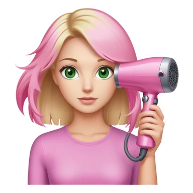 blonde woman with green eyes holding a pink Dyson hair dryer sticker