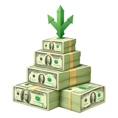 upward arrow next to a growing stack of cash money bills, financial growth sticker