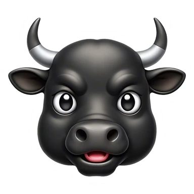 Cinematic Comical Black Bull Portrait Emoji, Head tilted dramatically with an exaggeratedly amused expression, featuring a striking, glossy black hide with a bold natural sheen, wide, expressive dark eyes filled with playful disbelief, Simplified yet hilariously expressive features, highly detailed, glowing with a slightly sassy glow, high shine, dramatic yet playful, stylized with an air of cheeky mischief, bright and endearing, soft glowing outline, capturing the essence of a spirited and over-the-top bull, so meme-worthy it feels like it could charge its way into internet fame instantly! sticker