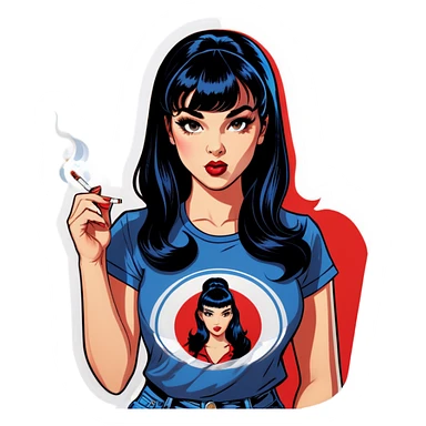 Sexy young pinup woman lighting up a cigarette she has long dark blue black hair with front bangs and she’s wearing a red t shirt, pop art sticker