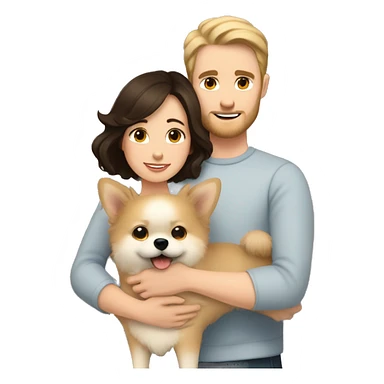 Young white man with short dark hair with a small beard hugging his white wife with dark brown hair and both of them hugging a beige and white Pomeranian  sticker