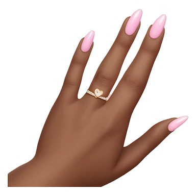 brown hand with light pink french tip nails with heart on ring finger and pear shaped diamond ring on ring finger, left hand sticker