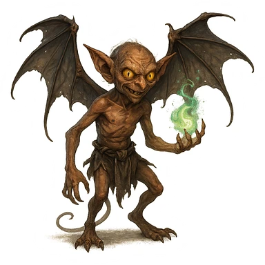 Igor the mephit, impish character with bat wings, magical vibe, fantasy style, detailed sticker