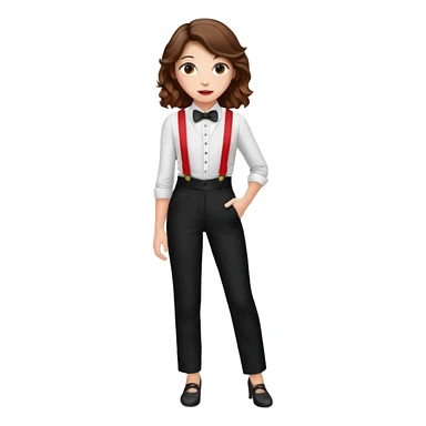 Woman with wavy brown hair and hazel eyes wearing black tuxedo pants with red suspenders sticker
