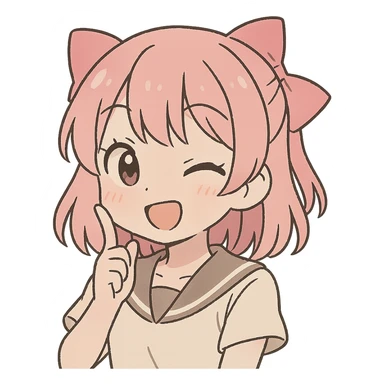cute female character with pink hair ribbon, simplified anime style, playful expression sticker