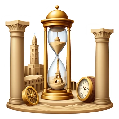 icon featuring ancient scrolls, quill pen with famous historical landmarks and monuments in the background like colliseum. Large, antique sand clocks with sand pouring out represent the passage of time. Historical figures are depicted as statues. Transparent background. sticker