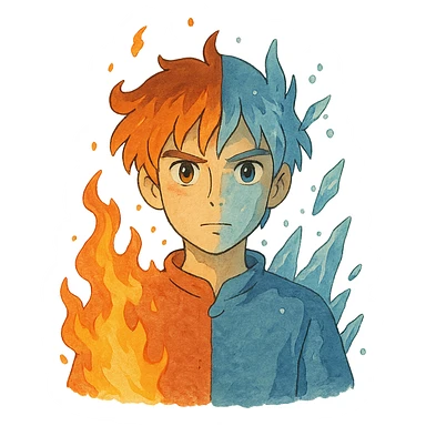 ghibli style illustration of a character with one side fiery and the other frosty, showing hot but cold sticker