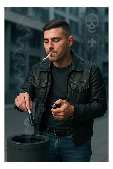 Adult man in casual clothes, inspired by the face in the reference photo, throwing an electronic cigarette into a trash bin while lighting a traditional cigarette with the other hand. Satisfied but unaware expression. In the background, light symbols of smoke and health damage manifesting from both cigarettes. Urban atmosphere, cold light, critical or reflective tone. Realistic style with symbolic accents. sticker