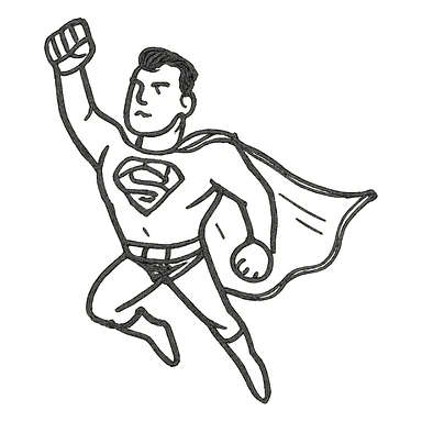 Superman simple lines, cape flowing, classic superhero pose, hand-drawn black outline style sticker