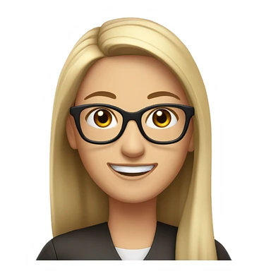 White woman, glasses, long straight hair pulled back at the sides, dark brown eyes smiling while waving sticker