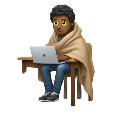male sitting at a school desk with a big blanket wrapped around shoulders working on chromebook sticker