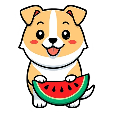 dog with brown eyebrows holding a watermelon sticker