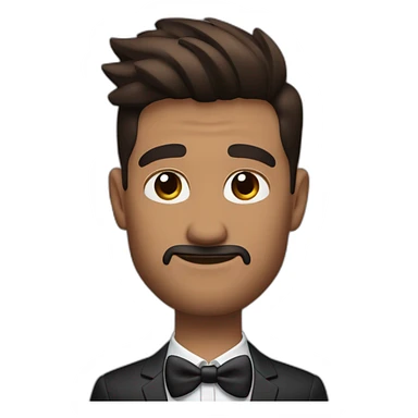 Quiff, 5'o clock shadow beard, short man, dark brown skintone, wearing airpods pro 2, formal wear, round face, medium sized nose, brown eyes sticker