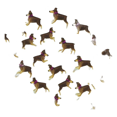  brindle brown black maroon gold lurcher Alsatian fox running blue eyes and iridescent holographic oilslick harness wearing paper iridescent tropical flower crown yellow caution tape sticker