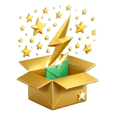 3D minimal open box with small floating icons coming out (envelope, lightning bolt, star), soft matte finish, deep green (#0B3D2C) box, gold (#C9B037) floating icons, Apple style, ultra clean and sleek, very soft ambient shadow, transparent background sticker