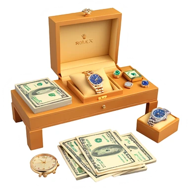 3D table display featuring sparkling jewelry, a Rolex watch, and cash, arranged neatly, realistic and detailed sticker