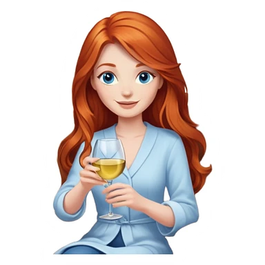 Happy redhead with long hair and blue eyes holding white wine sitting in chair beside fire  sticker