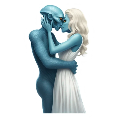 Alien reptilian woman in white dress hugs and kissing a normal "white male human man" in blue dress sticker