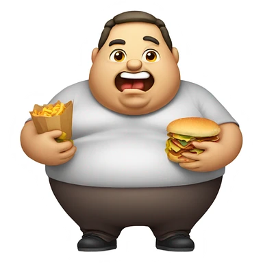 Overweight cartoon character with mouth and hands full of food sticker