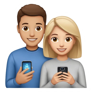 Generate a realistic emoji of a two people using a phone which shows artificial intelligence sticker