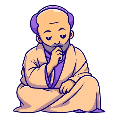 thoughtful philosopher with hand on chin, sitting in contemplative pose, scholarly appearance with robe, beige and brown color palette sticker