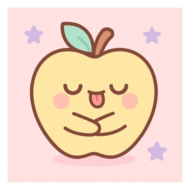 yellow apple, arms crossed around itself as if choking, closed eyes, tongue out, kawaii style sticker