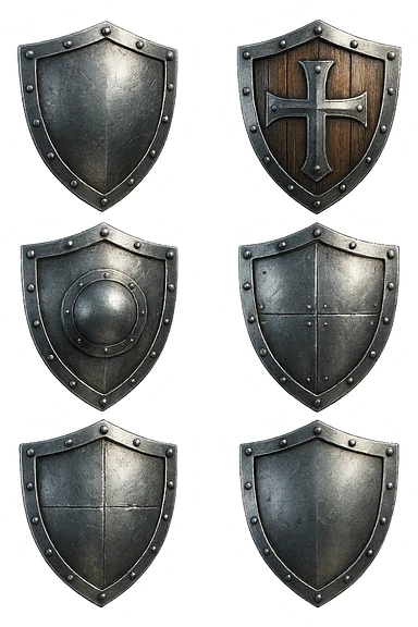 6 scudi che simboleggiano "difesa e protezione", realistici in 3d fluttuano in aria, iperrealistico 4k sticker