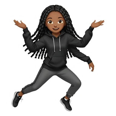 African American girl dark skin complextion long black box braids wearing plain black hoodie dancing sticker
