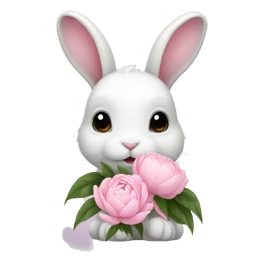 cute white bunny holding light pink peonies sticker