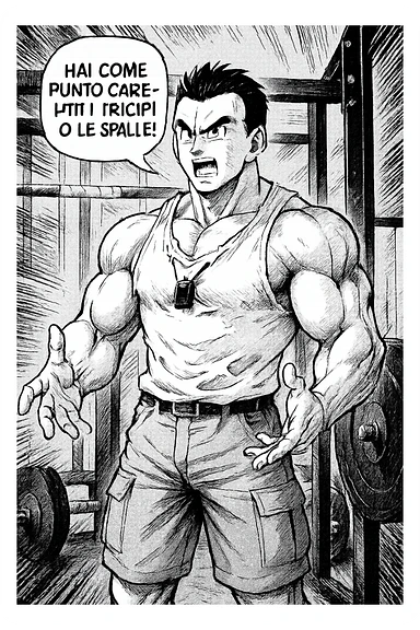 Personal trainer che dice al suo allievo, "hai come punto carente i tricipiti o le spalle!" Stile manga di Dragon Ball sticker