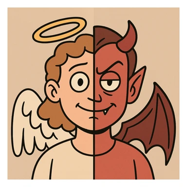 half animated face of an angel and half animated face of a devil, flat modern vector style sticker